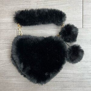 Faux Fur Heart Shaped Mini Handbag Gold Chain Black Novelty